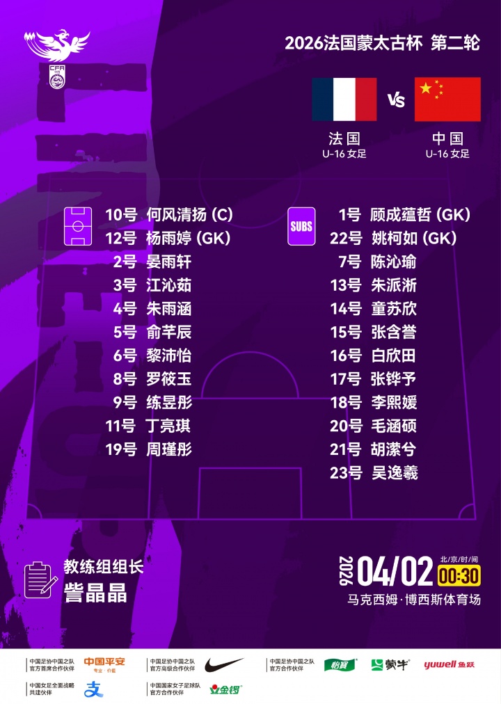 赛事新闻-中国U-16女足对阵法国U-16女足,中国队首发名单出炉!